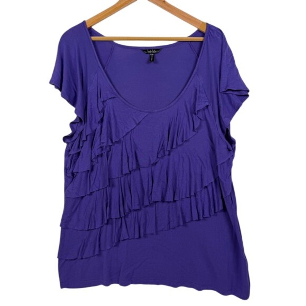 Nicole Miller Ruffle Front Top Women XXL Purple Ultra Violet‎ Short Sleeve